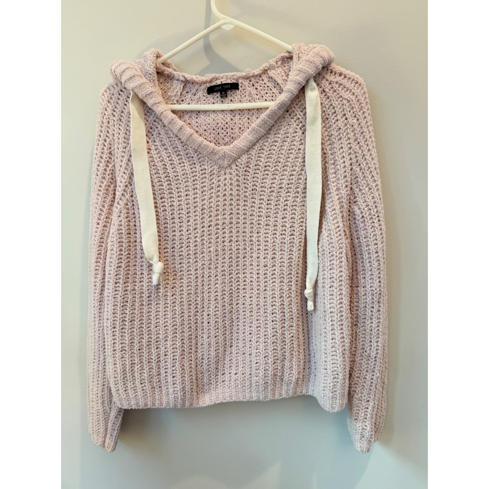 Love Tree Pink Chenille Knit Hoodie Sweater V-Neck Drawstring Pullover Medium